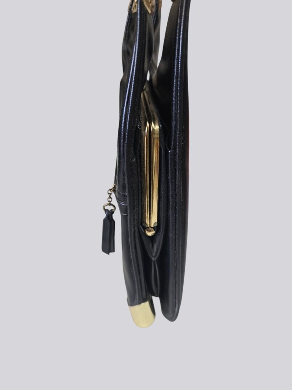 Vintage Black Leather Shoulder Bag Gold Accents & Dual Straps - Picture 5 of 15